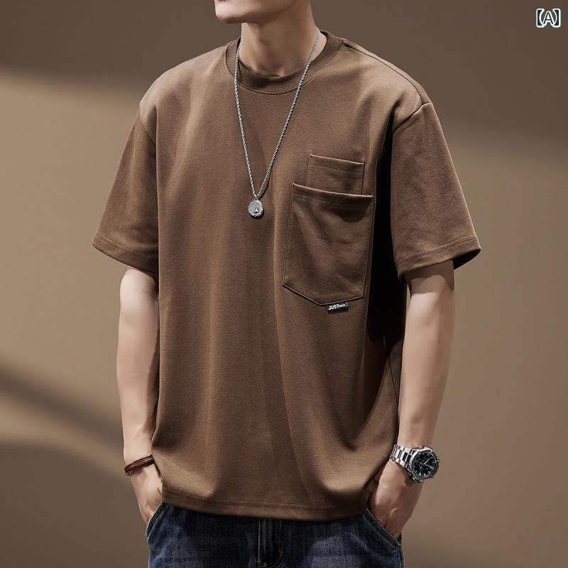 Tシャツ おしゃれ メンズ 半袖 夏 ストリート アメリカン カジュアル 紳士服 メンズ ゆったり トップス レトロ ラウンドネック ポケット