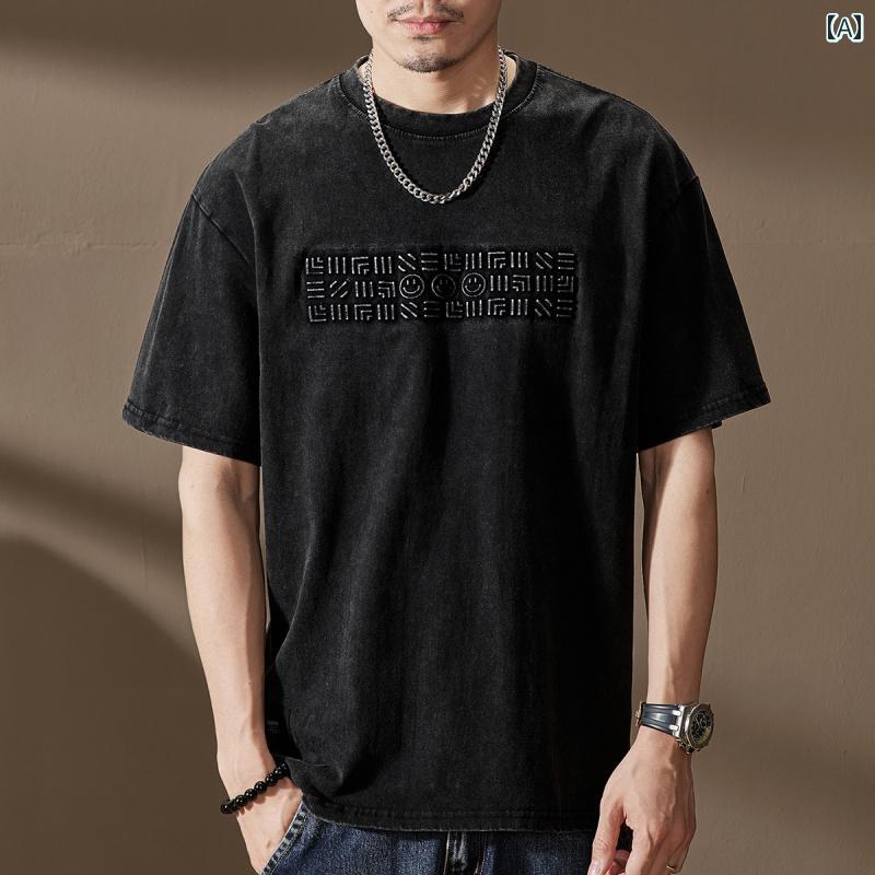 Tシャツ おしゃれ メンズ 半袖 夏 ストリート アメリカン カジュアル 紳士服 メンズ ゆったり トップス レトロ ラウンドネック プリント