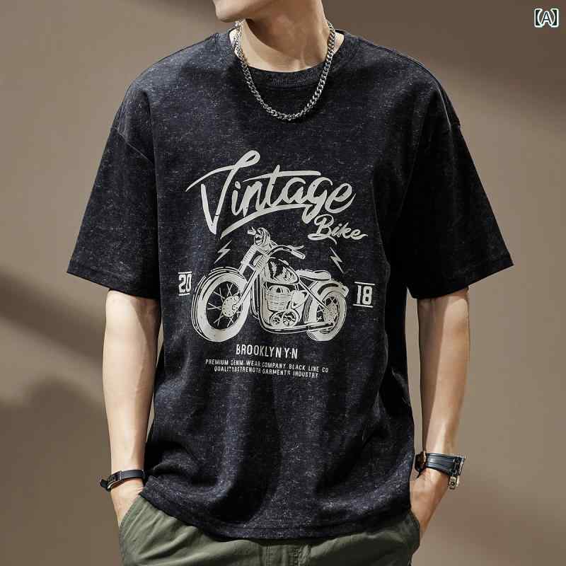 Tシャツ おしゃれ メンズ 半袖 夏 ストリート アメリカン カジュアル 紳士服 メンズ ゆったり トップス レトロ ラウンドネック プリント