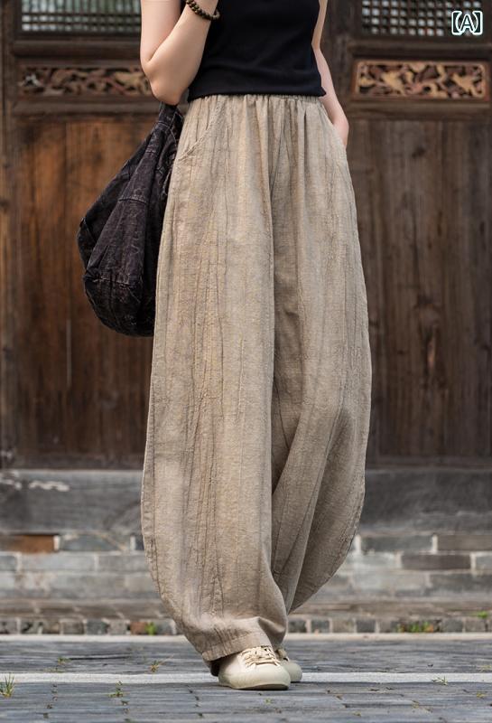 ワイドパンツ ナチュラル 瞑想 パンツ 絞り染め ダメージ加工 カジュアル 仏教 瞑想 婦人服 中国 綿麻 ロング コットン ズボン リネン レディース レディース