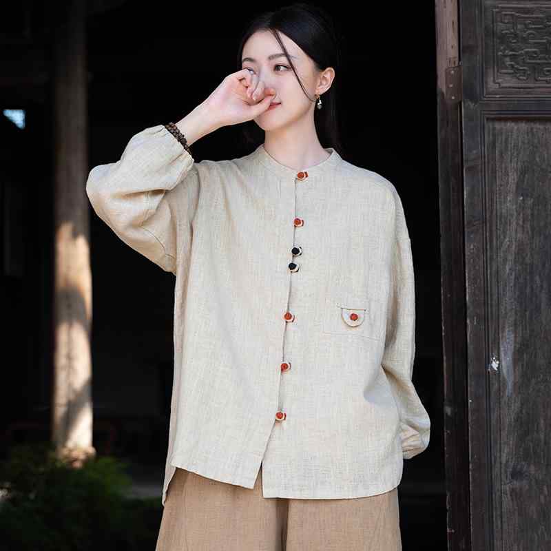 レディース 瞑想服 ナチュラル 僧院 信徒 レディース 服 秋 チャイナ風 レトロ ボタン トップス リネンシャツ 瞑想 私服 レディース