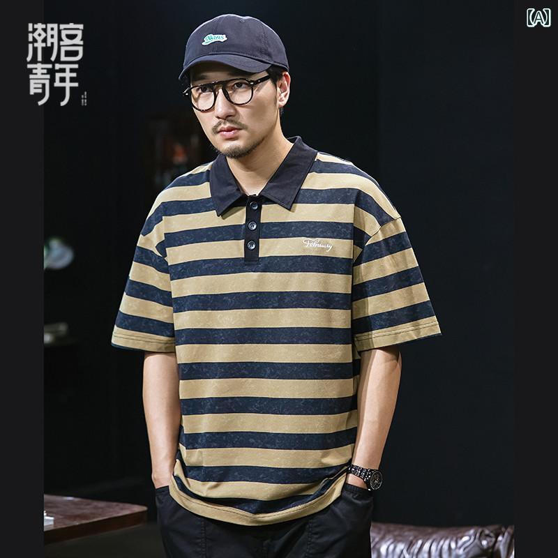 ポロシャツ カジュアル メンズ メンズ ファッション 夏 半袖 Tシャツ ラウンドネック トップス 大きめサイズ ゆったり ストライプ コットン ウール カジュアル