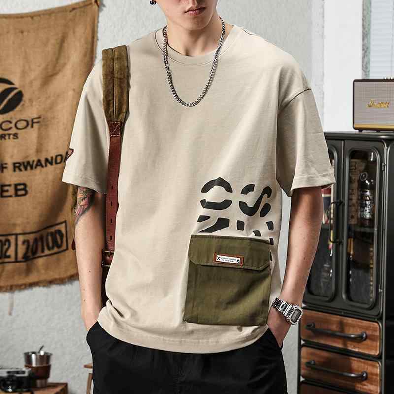 メンズ アメリカン レトロ Tシャツ 半袖 夏 綿 大きめサイズ マン イン ワークウェア 半袖 Tシャツ ラウンドネック ゆったり ファッション