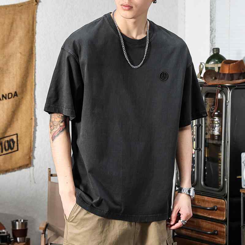 メンズ アメリカ 半袖 Tシャツ ゆったり 夏 洗いざらし レトロ シンプル 快適 ラウンドネック 半袖 Tシャツ ファッション