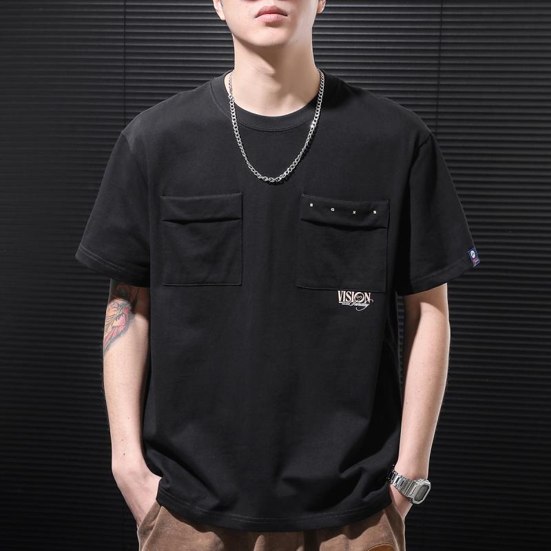 メンズ ワークウェア アメリカン レトロ 半袖 ポケット Tシャツ 夏服 ラウンドネック ゆったり ファッション