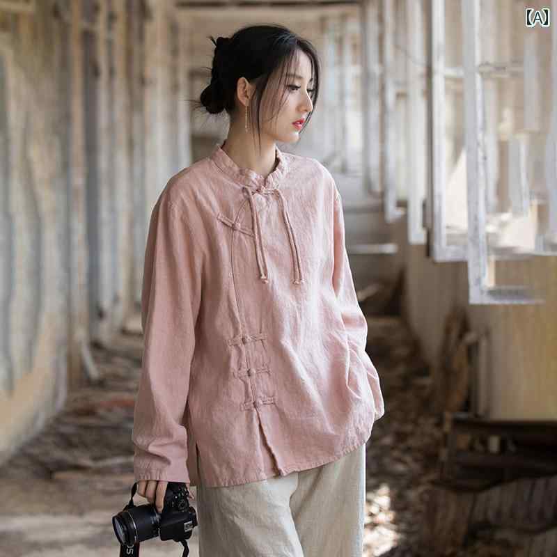 レディース ファッション チャイナ風 唐 スーツ シャツ レトロ バックル タッセル スタンドカラー スラントブレスト ティー トップス ダメージ加工