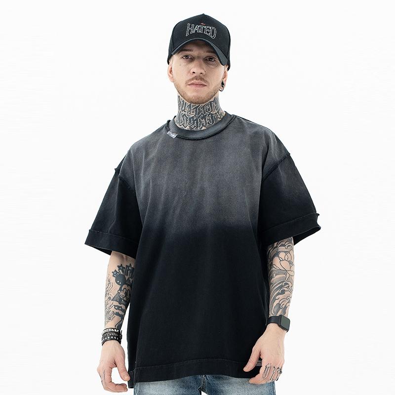 Tシャツ メンズ カジュアル おしゃれ 対照カラー シャツ オーバーサイズ ゆったり オーバーサイズ ウォッシュ加工 ダメージ加工 汎性高い グラデーション オーバー サイズ ショート