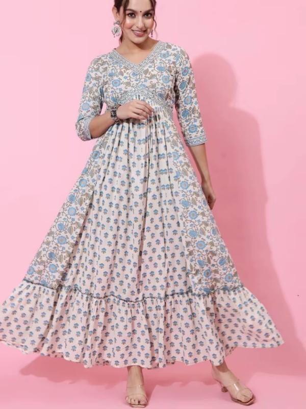 レディース エスニックファッション 民族衣装 インド カジュアル 綿 Vネック 花柄 スカート ロング プリント ブルー フレアスカート Aラインスカート インディアン