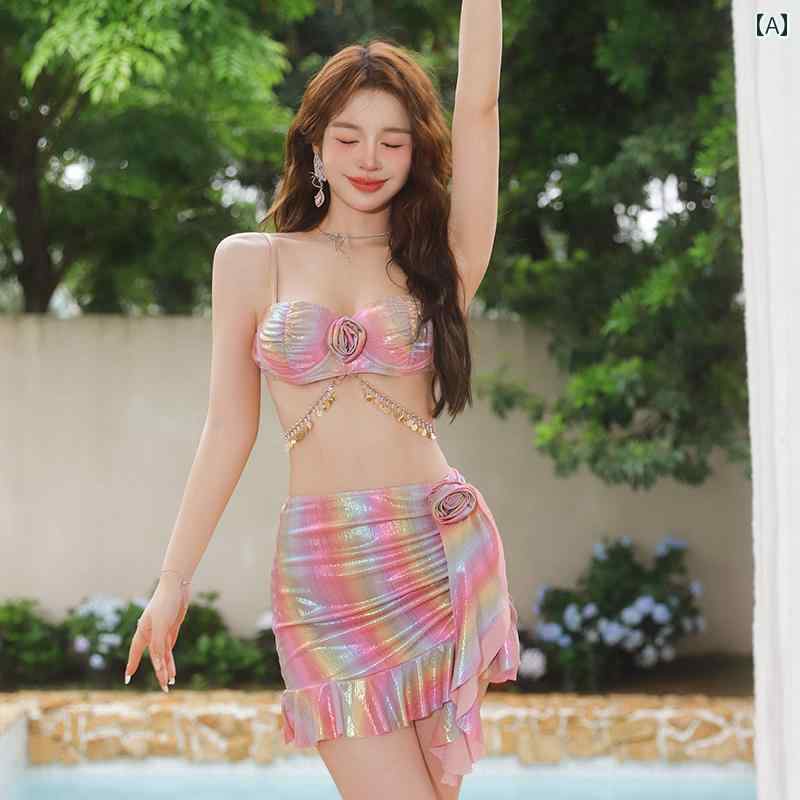 レディース 水着 ビキニ レインボー 薔薇 セパレートタイプ スカート 3点 魅惑 プッシュアップ スリム リゾート 温泉 レディース 胸パッド ワイヤーし カジュアル水着