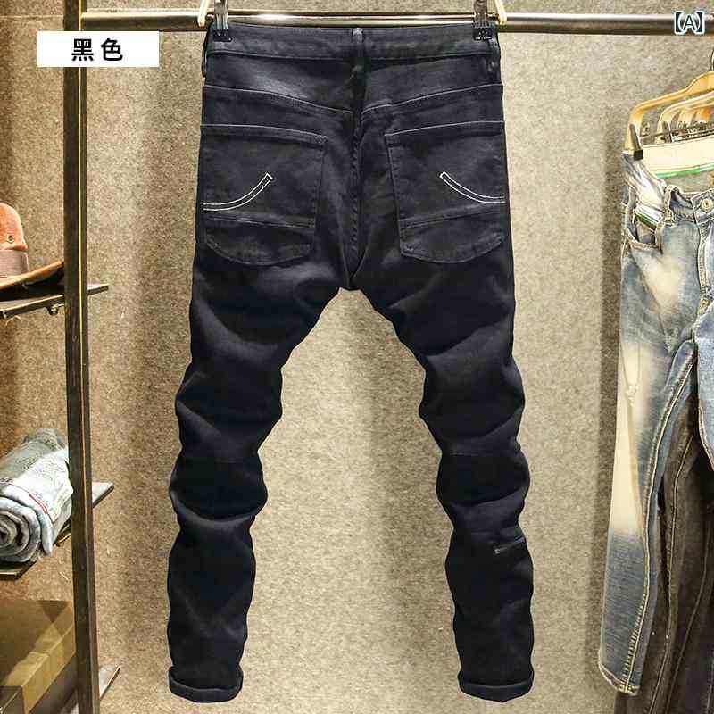 デニムパンツ パッチワーク メンズ ブラック ジーンズ 韓国 スリム フィット ストレッチ パンツ アメリカ ストリート バイク デニム オールシーズン