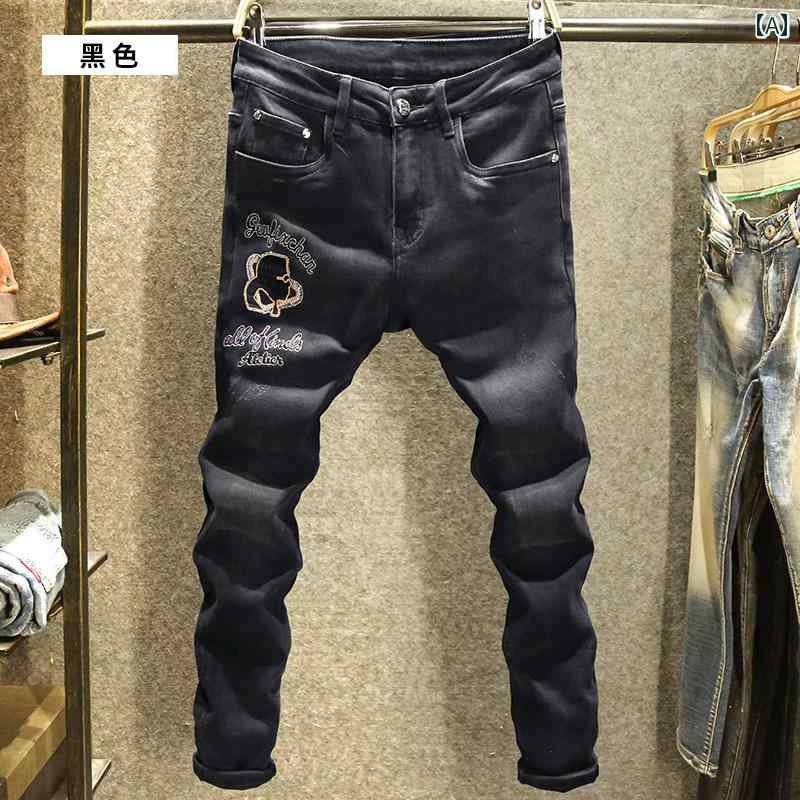 デニムパンツ 黒 刺繍 ジーンズ メンズ スリム フィット ストレッチ パンツ オールシーズン ズボン デニム ダメージ加工 ウォッシュ ロング|セキュアデポ