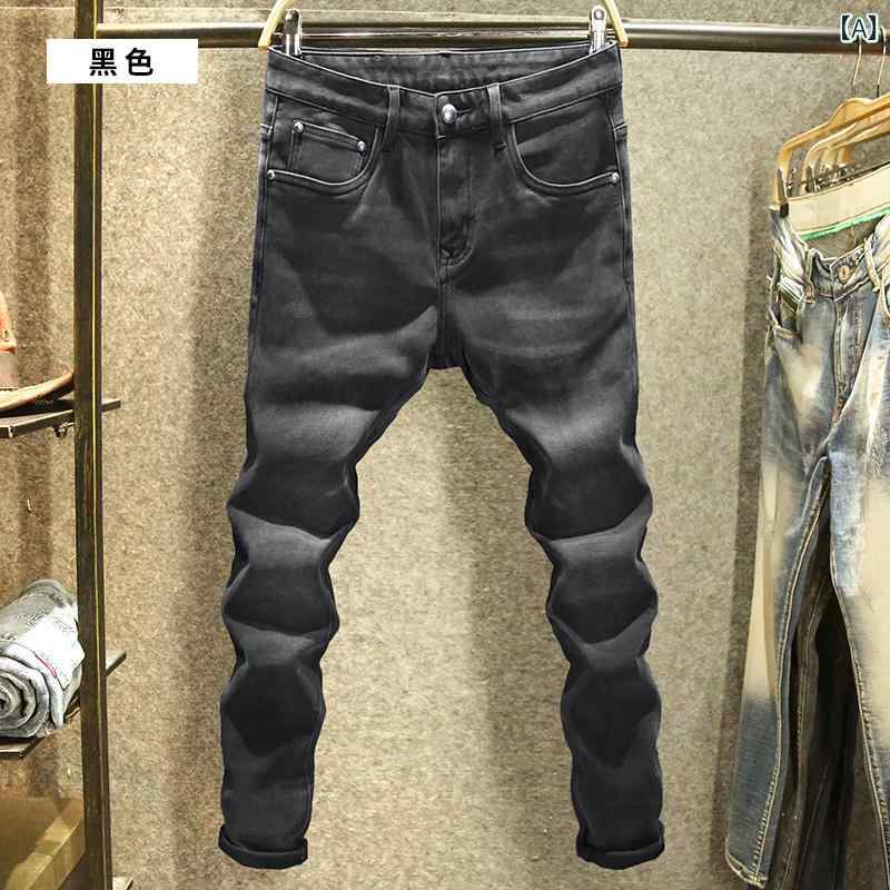 デニムパンツ メンズ ブラック ジーンズ 秋 カジュアル パンツ メンズ オールシーズン スリム フィット ストレッチ デニム ダメージ加工 ウォッシュ