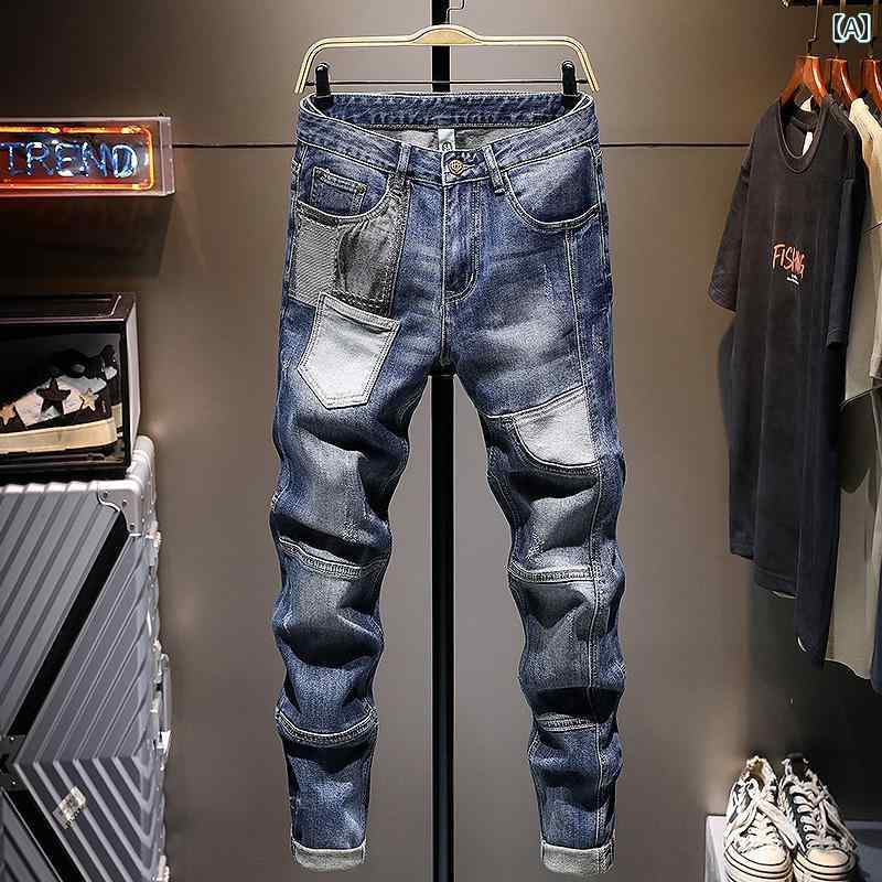 ジーンズ メンズ スリム フィット パンツ ワークウェア パッチ ダメージ加工 ミディアムローウエスト ロング デニム 都会