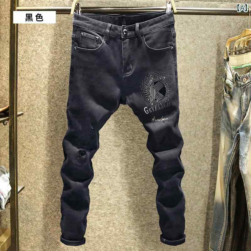 デニムパンツ メンズ 黒 スリム ジーンズ リップド フィット オールシーズン パンツ メンズ ヨーロッパ ストレッチ デニム 手洗い サンドブラスト ロング|セキュアデポ