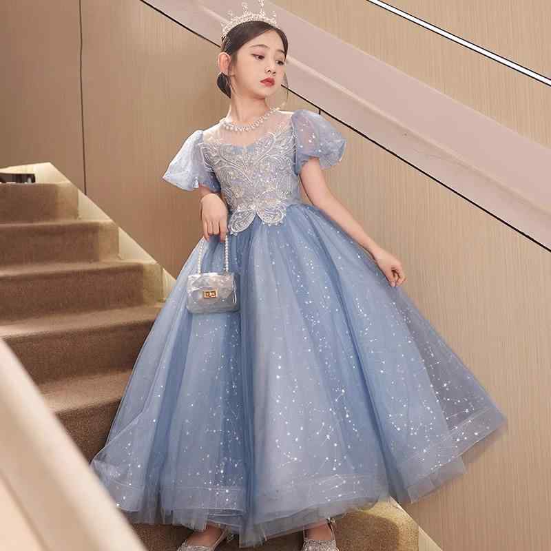 キッズ ゴージャスドレス プリンセス セレモニー バースデー お姫様 ドレス 豪華感 ブルー ドレス パフスリーブ ふわふわ プリンセス ドレス 西洋 パフォーマンス ドレス|セキュアデポ