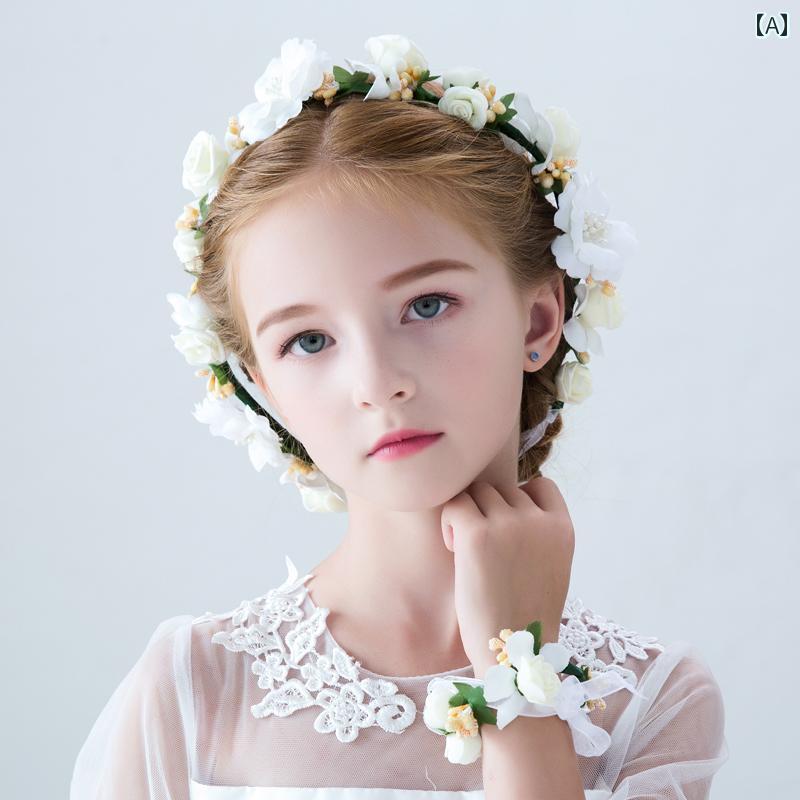 ヘッドコサージュ 子供 頭飾り アクセサリー 女の子 少女 パフォーマンス ヘッドフラワー プリンセス フラワーガール ブレスレット 結婚式 花輪 ハンドフラワー セット レディース