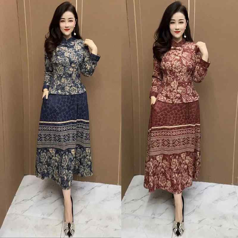 レディース 婦人服 唐 スーツ 中国 レトロ バックル チャイナ ドレス トップス スカート 大きめサイズ スーツ セット ファッション