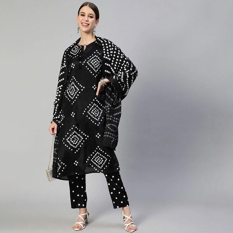 インド 民族衣装 パンジャビ レディース 服 レディース 婦人服 ファッション 秋 ブラック ３点セット トップス ロングパンツ ショール｜セキュアデポ