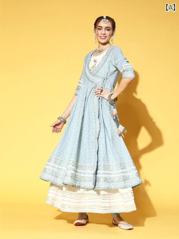 インド 婦人服 レディース レディース ラウンドネック ゆったりウエスト プルオーバー レギュラースリーブ 七分袖 ロングスカート タイプAシルエット 綿 コットン