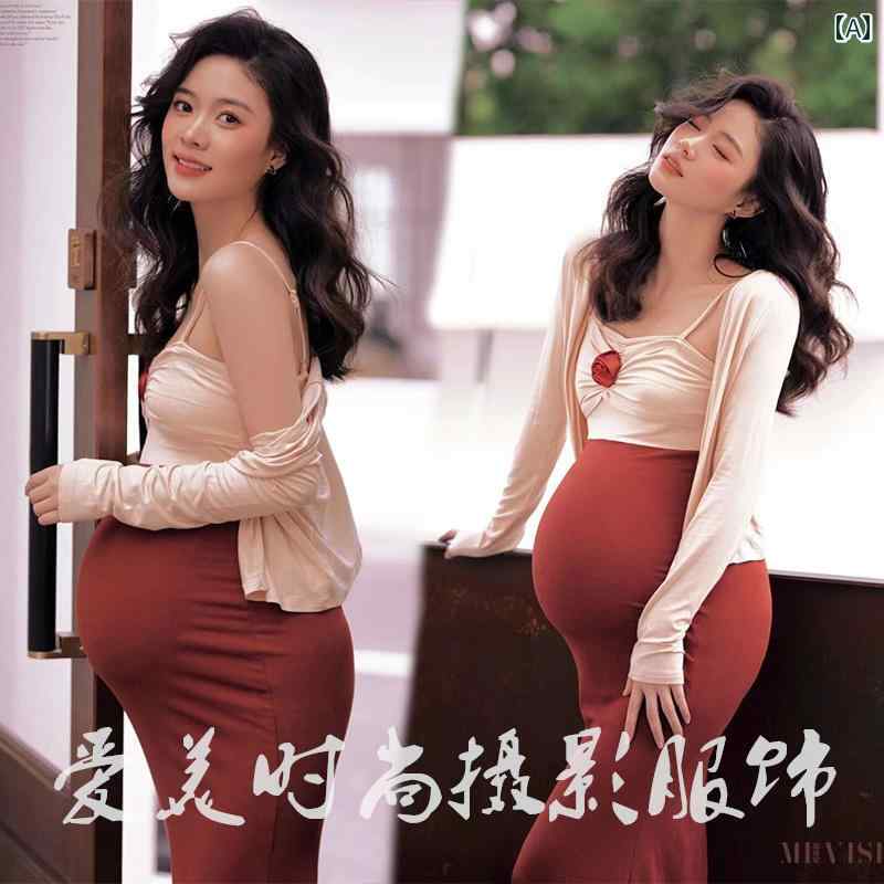 マタニティ おしゃれ 衣装 フォト スタジオ 写真 レトロ 妊婦 スリム 魅惑 ドレス 撮影 フリーサイズ セットアップ シンプル
