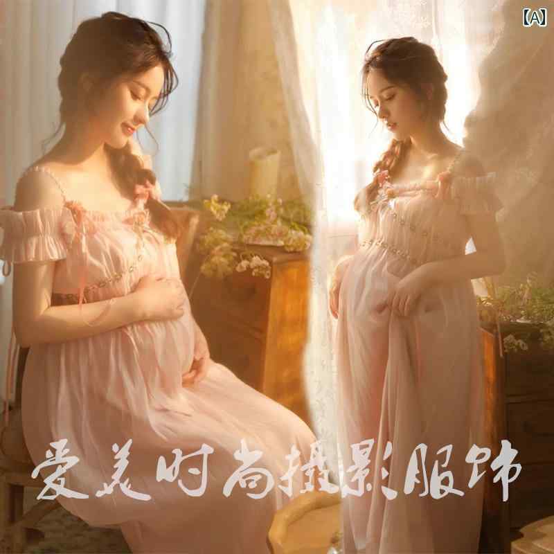 マタニティ おしゃれ 衣装 フォト スタジオ ガーリー 優しい レトロ 花 フェアリーピンク ドレス フリーサイズ かわいい