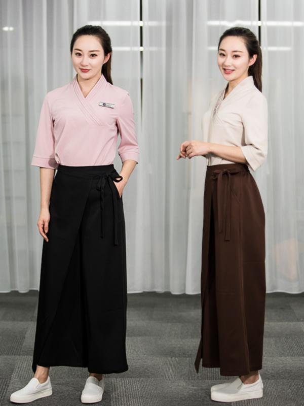 エステ 美容院 ユニフォーム レディース お上さん服 御役目着 やり方着 御役目 制服 プルオーバー トップス ズボン下 ボトムス サクラ色 赤銅色 ベージュ 黒いこと