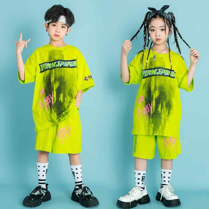 子供服 キッズ ストリート ファッション セットアップ パフォーマンス 発表会 イベント 衣装 コスチューム ユニフォーム ダンス ヒップホップ 夏 蛍光 グリーン