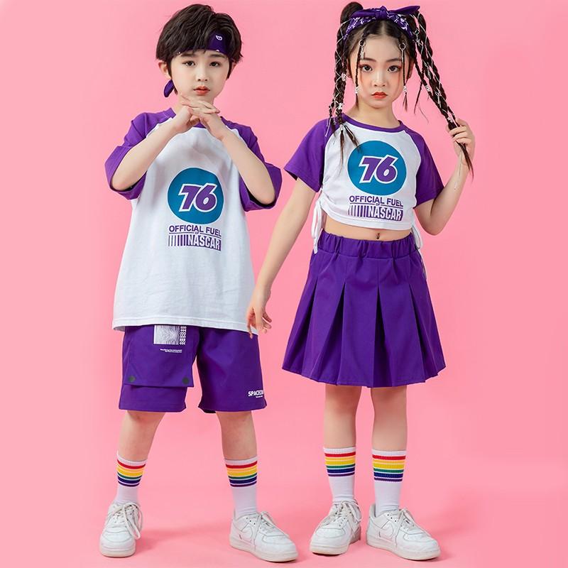 子供服 キッズファッション パフォーマンス 発表会 イベント 衣装 コスチューム ユニフォーム チアリーディング ダンス へそ出し 紫 パープル