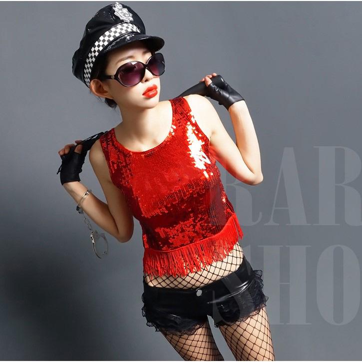 ノースリーブ タッセル スパンコール キラキラ ベスト トップス パフォーマンス 服 ステージ ダンス 服 チアリーディングユニフォーム フリーサイズ 魅力