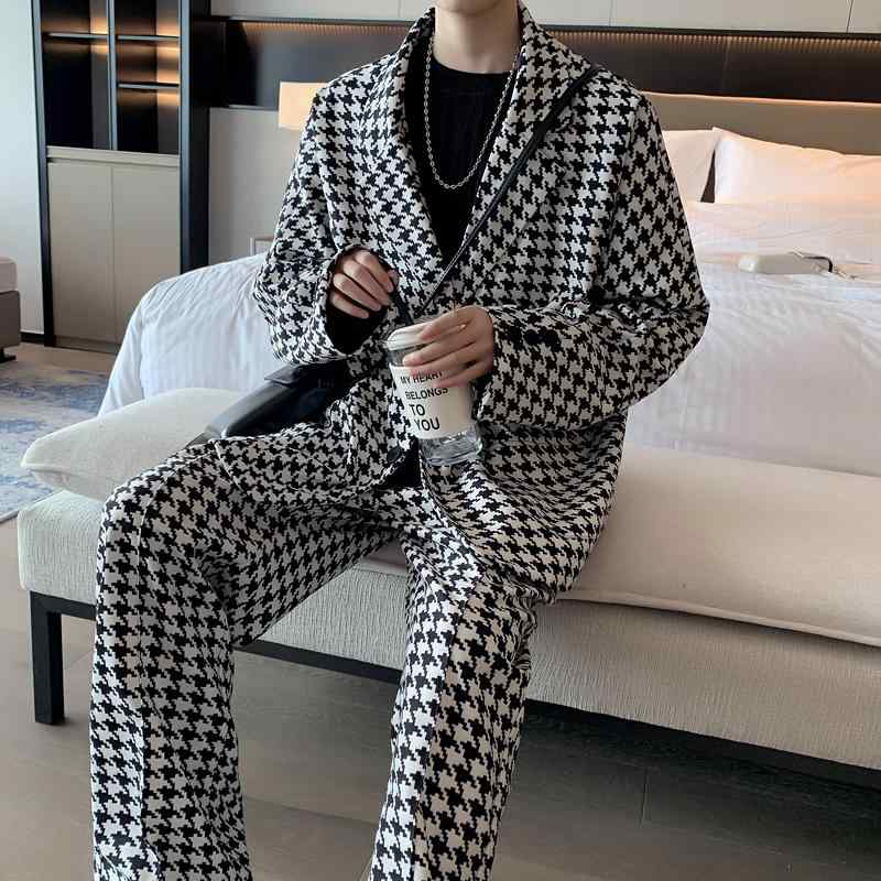 セット アップ メンズ 秋 韓国 レトロ 千鳥格子 韓国 ファッション パンツ 2点セット フラットカラー オールシーズン ゆったり
