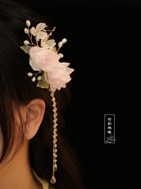 ヘアアクセサリー かわいい 髪飾り レトロ 韓服 頭飾り フラワー レトロ 花 タッセル ヘアクリップ 唐府 頭飾り 子供 ヘアピン側