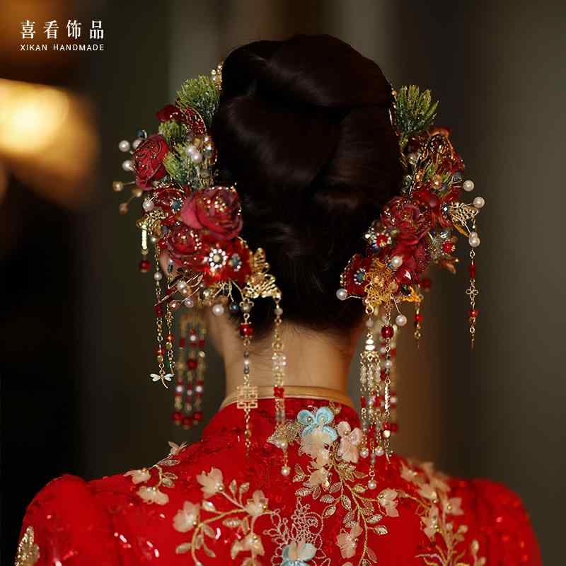 ヘア アクセサリー ウエディング 赤 花びら 中国風 髪飾り 花嫁 結婚式 漢服 写真撮影 メイクアップ アクセサリー チャイナドレス