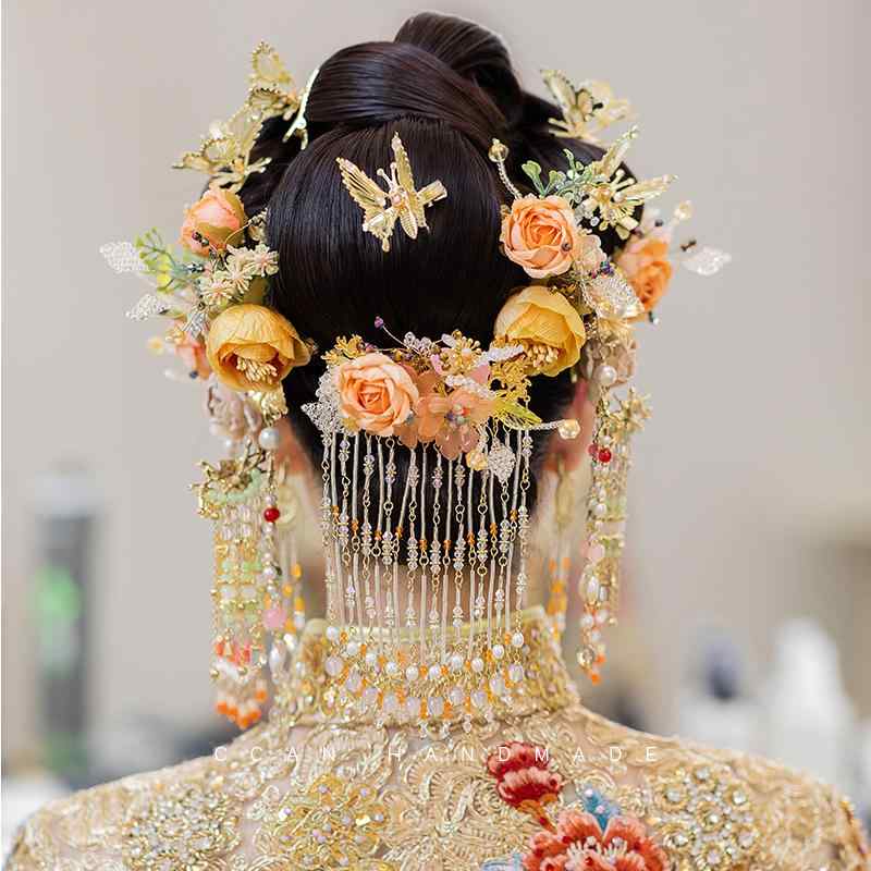 ヘアアクセサリー 花 中国風 頭飾り 花嫁 ウェディングドレス メイクアップ 漢服 写真 アクセサリー 王冠 簪 髪飾り クラウン ブライダル