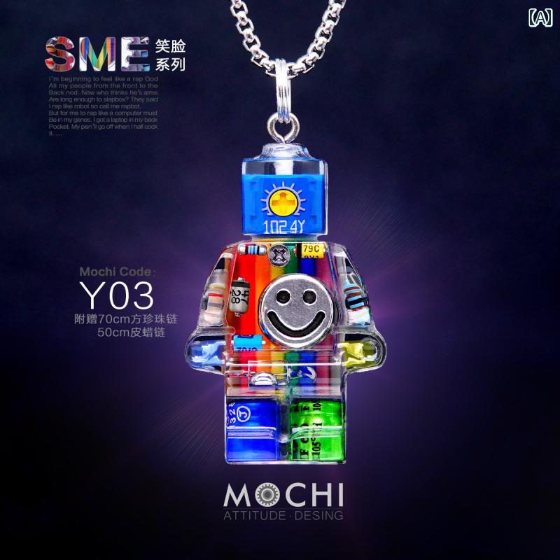 ネックレス ペンダント かっこいい サイバー パンク スマイリー ロボット ライト 精巧 カップル ギフト キーホルダー