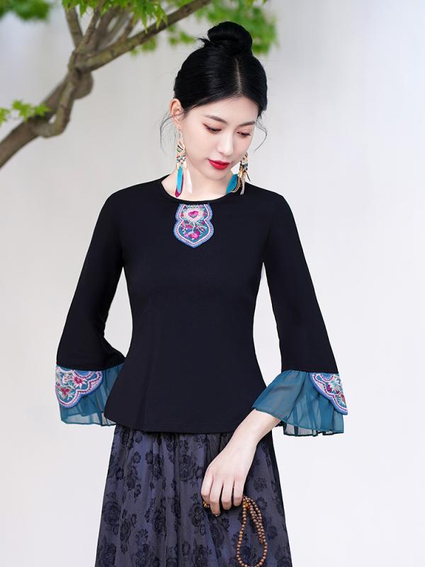 トップス カットソー Ｔシャツ エスニック チャイナ レース ベスト スリム フィット 七分袖 刺・墸 中国風 レトロ 漢服 かわいい 婦人服 清楚 春夏秋 レディース 小さめ レディース