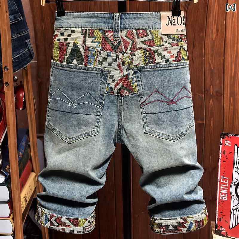 ハーフパンツ ジーンズ メンズ ショート パンツ 夏 薄手 スリム ストレッチ リップド レトロ デニム 穴あき ユーズド加工 ウォッシュ加工 五分丈 フィット ストレート
