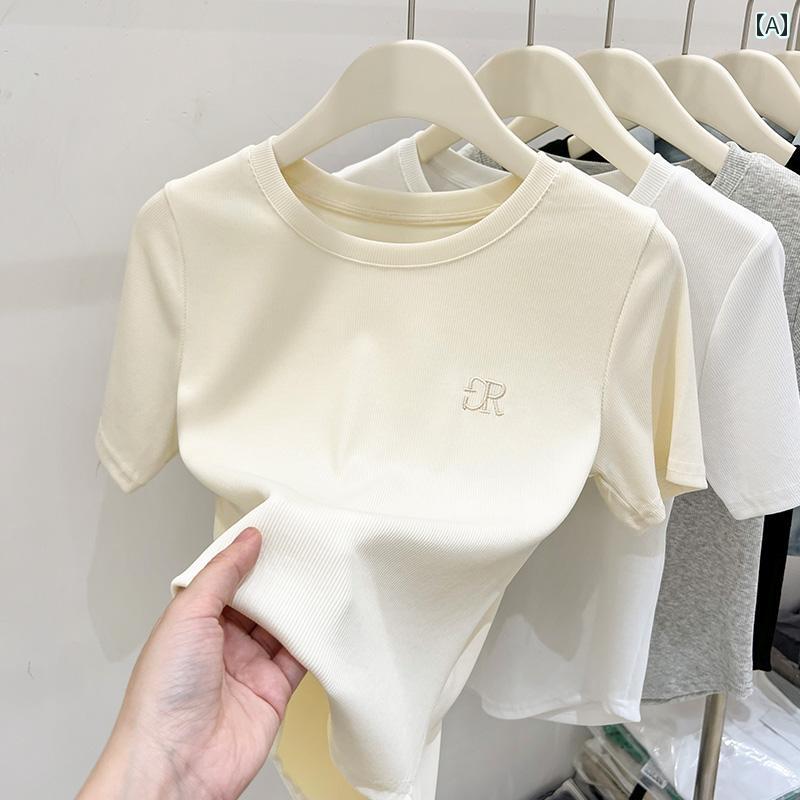 Tシャツ トップス レディース おしゃれ ファッション シンプル 半袖 夏 薄手 綿 スリム ラウンドネック 韓国 シック プリント コットン カジュアル