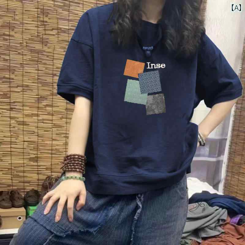 Tシャツ トップス レディース おしゃれ ファッション シンプル 半袖 夏 薄手 コットン ラウンドネック スリム プリント 大きめサイズ ジオメトリック