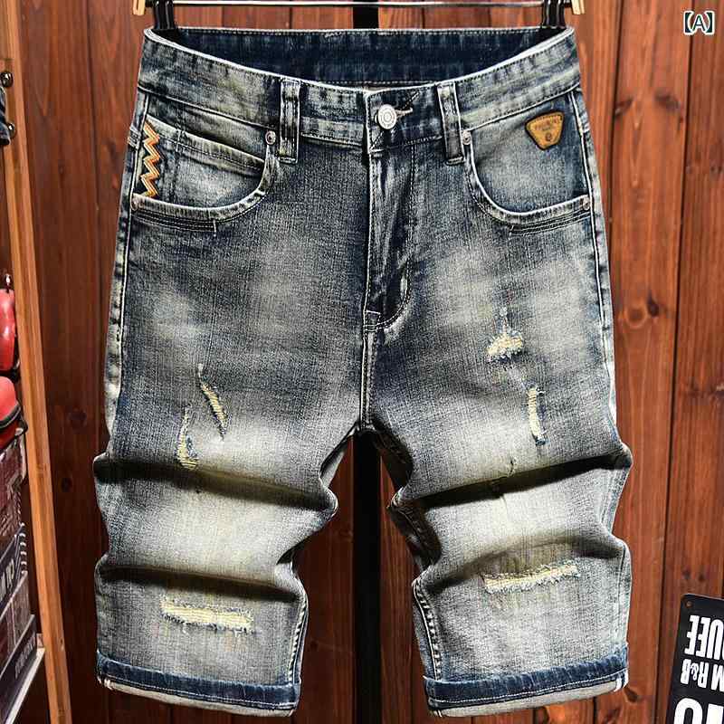 ハーフパンツ ヨーロッパ 夏 メンズ リップド デニム ショート パンツ 韓国 スリム フィット ストレートレッグ カジュアル ストレッチ 夏 オールドウォッシュ