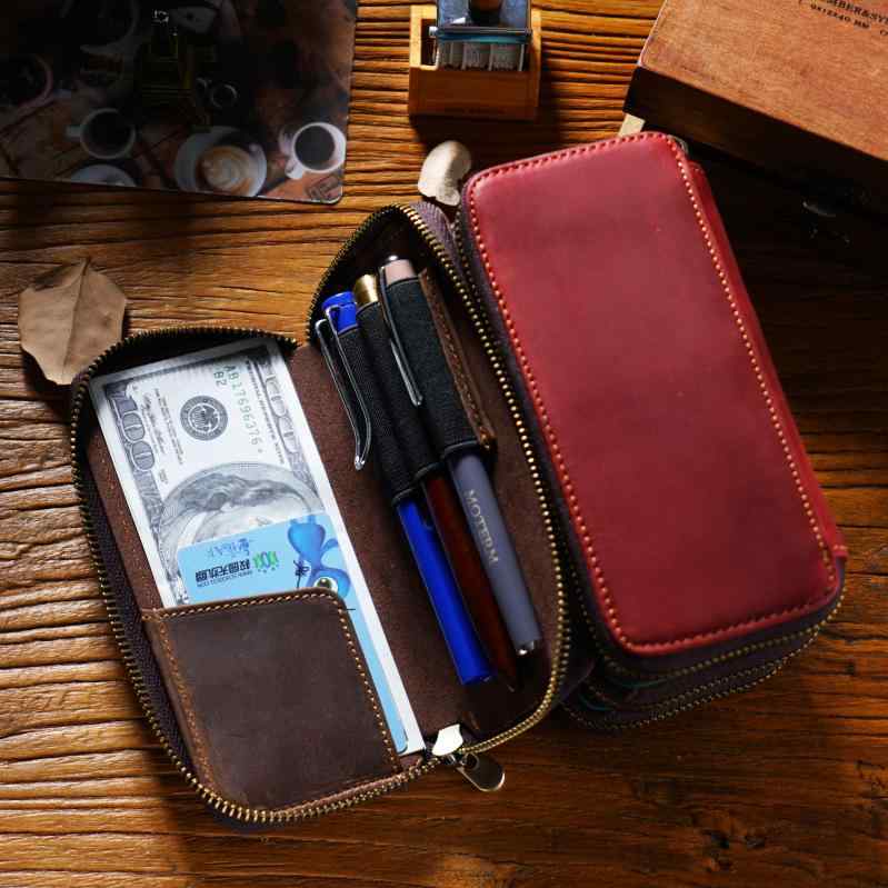 ペンケース 牛革 ジッパー ペン収納袋 ペンバッグ 収納 ボックス 文房具 筆箱 小物入れ