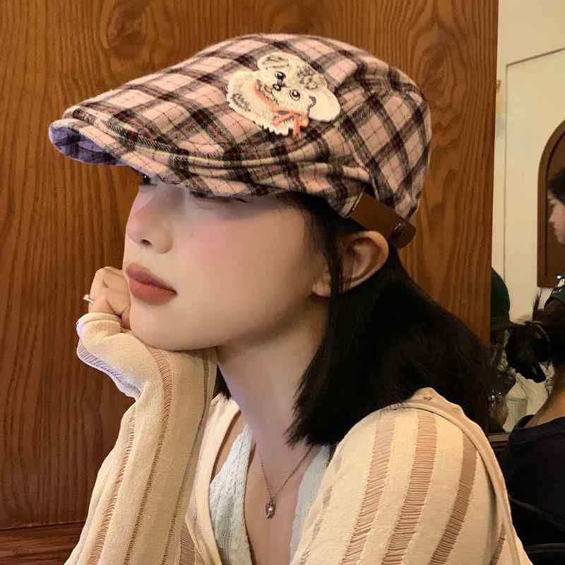 子犬ワッペン パッチ ベレー帽 和風 クール かわいい キャスケット帽子 チェック ハンチング フォワードキャップ