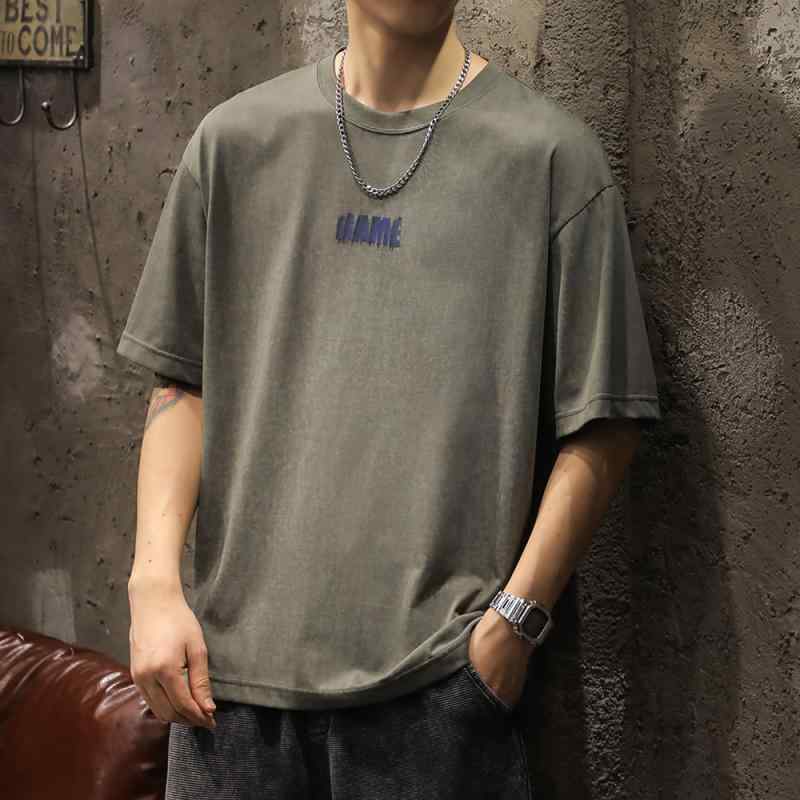 メンズ Tシャツ 半袖 夏 アメリカン レトロ ウォッシュド カジュアル プリント ラウンドネック 丸首 コットン 綿混紡 ダークグレー アーミーグリーン ブラウン 通気性 ゆったり 単 大きめサイズ メンズ ノーアイロン レジャー トップス 薄手