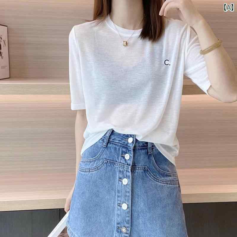 Tシャツ トップス レディース おしゃれ ファッション シンプル レディース 半袖 夏 スリミング ホワイト 薄手 シック レター ラウンドネック 大きめサイズ