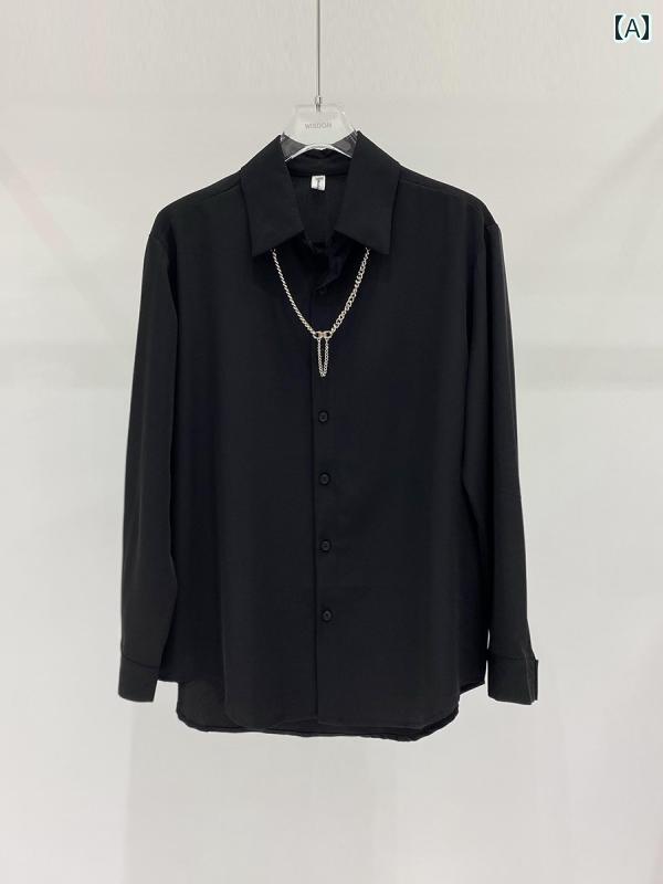 メンズ ファッション メンズ 黒 長袖 シャツ 韓国 カジュアルシャツ ネックレス クールシャツ ゆったり ロングスリーブ 白