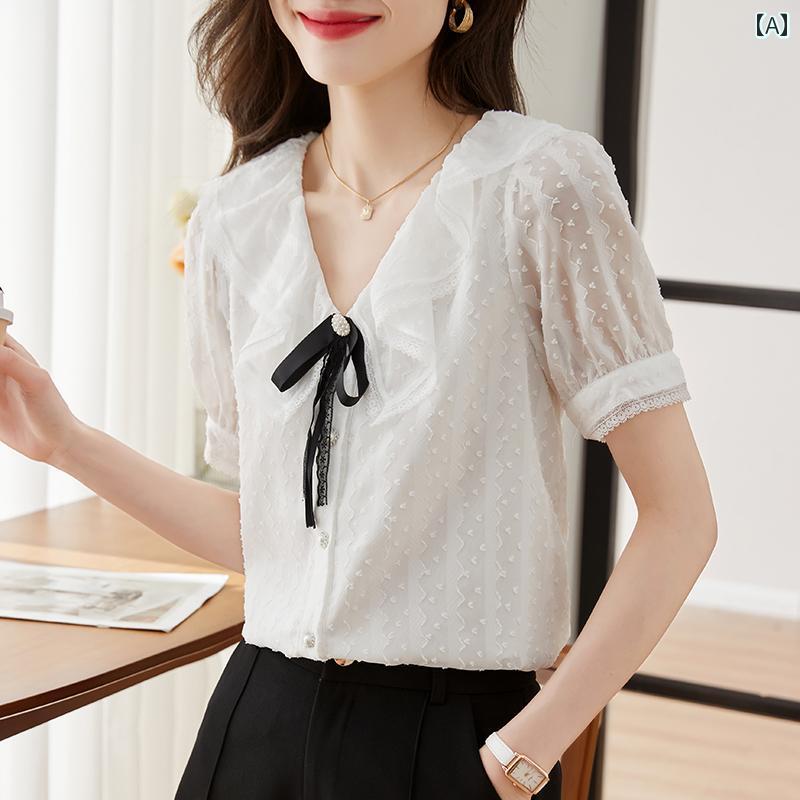レディース 婦人服 レディース トップス シャツ ブラウス シフォン 夏 ジャガード シック パフスリーブ