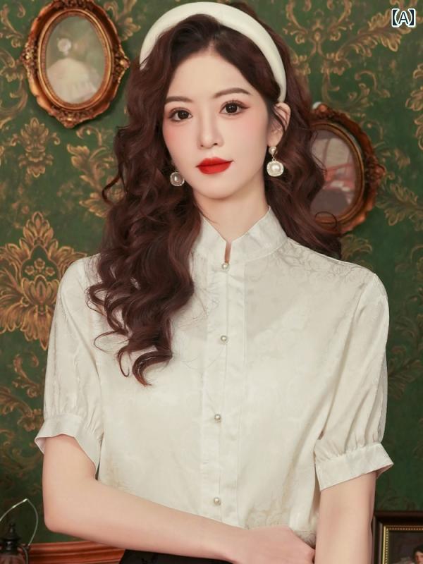 ブラウス 上品 大人かわいい レディース 婦人服 レディース トップス シャツ ブラウス スタンドカラー シンプル レトロ 夏 ゆったりサイズ