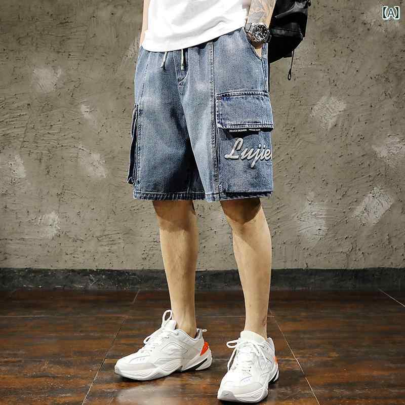 デニムパンツ ハーフパンツ 夏 ワークウェア デニム ショート パンツ メンズ 大きいサイズ ヒップホップ マルチ ポケット 五分丈 デニム プリント ストレート