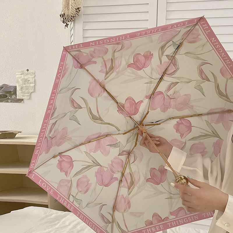 レディース 晴雨兼 折りたたみ傘 軽さ 小型 ローマン的 サクラ色 高押し出し フランス共和国 五つ折り レディース 両面 八重 花 日がさ 二層 抗UV 男女兼用雨傘-傘
