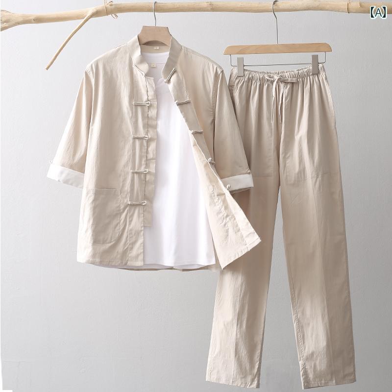 中華 背広 カンフー服 メンズ メンズ 唐装 綿麻 夏 薄っぺら 半袖 七分袖 3点 瀬戸もの風 中国風 漢服 3点仕掛ける 細長い切口 余暇