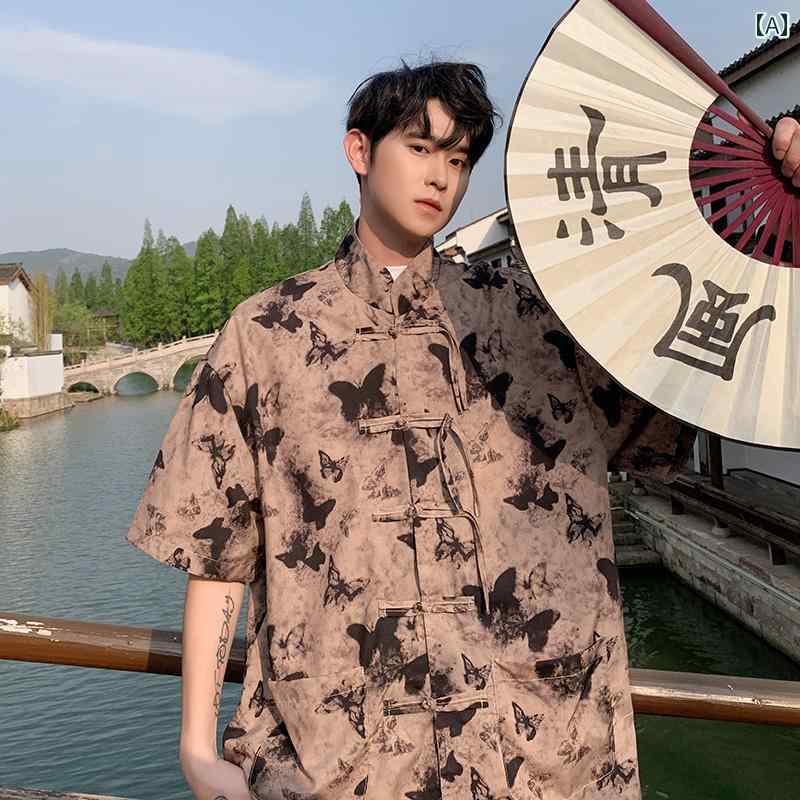 メンズ 漢服 チャイナ風 夏 半袖 シャツ 中国 唐 大きめサイズ 五分袖 プリント ゆったり カジュアル